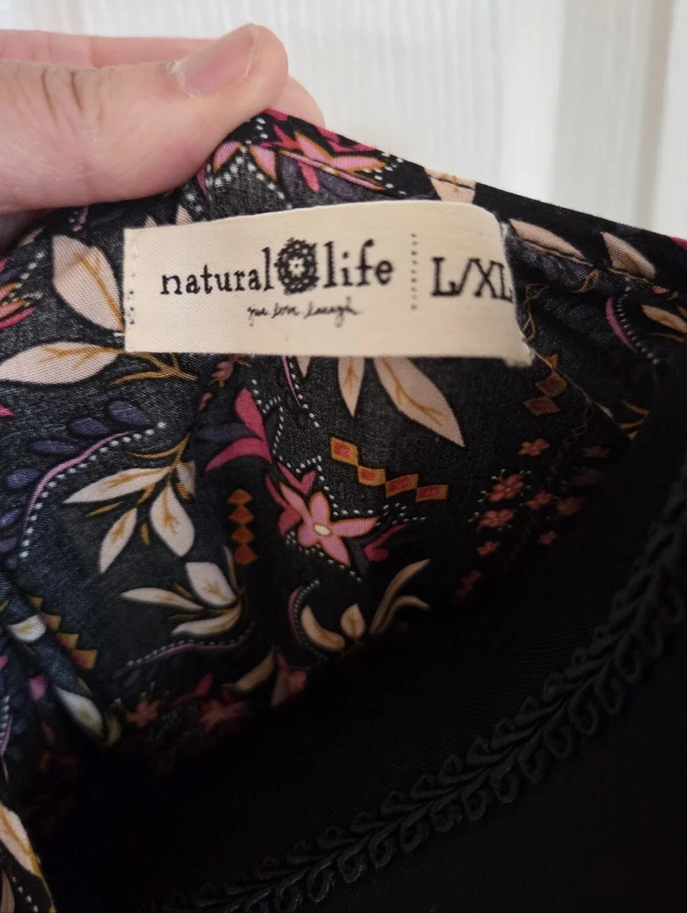 NATURAL LIFE Black Floral Print Vneck Dress with Side Pockets Size L/XL Summer
